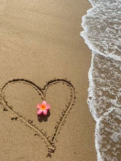 a heart drawn in the sand with a pink flower on it's side next to the ocean