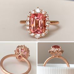 three different views of an engagement ring with a pink diamond in the center and side