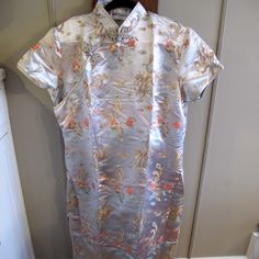 Chinese Traditional Cheongsam/Qipao Brocade Dress In Silver/Champagne With Bird And Flower Design (In Gold, Coral, Turquoise+) By Tang Yi Of China. This Stunning Satin Polyester Dress Has A Hidden Side Zipper As Well As Long 23" Slits Along Both Sides, And Beautiful Frog Knot Closures Along The Chest And High Mandarin Collar. It Is A Size 48 And Measures Approximately 23" From Armpit To Armpit And 54" Long. (It Is A Little Tricky To Find The Waist On This Dress Because It's Pretty Straight, But Traditional Silver Fitted Dress, Qipao Dress Traditional, Traditional Cheongsam, Chinese Cheongsam, Dress Traditional, Bird And Flower, Brocade Dress, Qipao Dress, Brocade Dresses