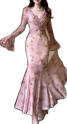 Elegant Pink Stretch Maxi Dress, Elegant Bell Sleeve Maxi Dress For Summer, Elegant Summer Maxi Dress With Bell Sleeves, Pink Stretch Maxi Dress For Formal Occasions, Pink Fitted Floor-length Maxi Dress, Elegant Pink Fitted Maxi Dress, Elegant Fitted Pink Maxi Dress, Pink Fitted Bell Sleeve Dress, Pink Fitted Dress With Bell Sleeves