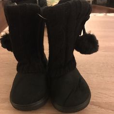 Super Cute Black Boots With Pom-Poms. Toddler Size 6, New. $15/Obo Boots With Pom Poms, Casual Warm Booties With Round Toe, Cute Black Boots, Fun Beauty Products, Slouch Boots, Cold Outfits, Slouched Boots, Fashion Board, Toddler Sizes