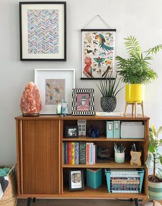 a book shelf with some plants and pictures on it