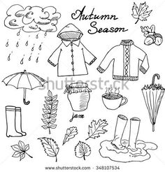 autumn season hand drawn doodles with umbrella, boots and raindrops on white background