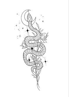 a black and white drawing of a snake with stars on it's back side