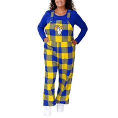 Strap on fashion-forward fan gear in epic lumberjack style with these Los Angeles Rams overalls from FOCO. The buffalo plaid pattern in team colors creates a rustic, rural look, while the big Los Angeles Rams logo puts your fandom at the forefront. There are plenty of pockets to stash your essentials, and adjustable shoulder straps let you customize the fit. Plus, durable woven polyester canvas fabric provides a lightweight, breathable feel for maximum comfort. Sublimated graphics Two back pocke Plaid Overalls, Los Angeles Rams Logo, Rams Logo, Lumberjack Style, Buffalo Plaid Pattern, The Buffalo, Bib Overalls, Los Angeles Rams, Plaid Fashion