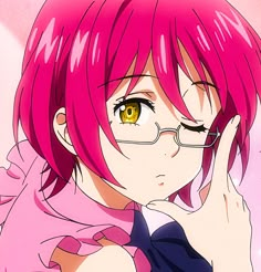 an anime character with pink hair and glasses