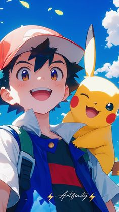 a man holding a pokemon pikachu in front of a blue sky with clouds