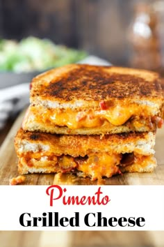 two grilled cheese sandwiches stacked on top of each other with the words, pimentoo cheese grilled cheese