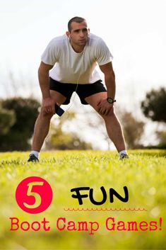 a man is squatting on the grass with headphones in his ears and text that reads, 5 fun boot camp games