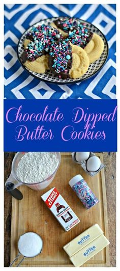 chocolate dipped butter cookies with sprinkles and powdered sugar