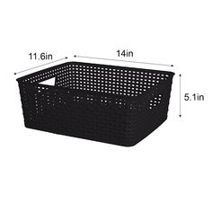 a large black basket with measurements for the bottom and side sides, on a white background