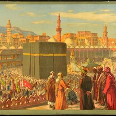 an old painting of people standing in front of a large crowd