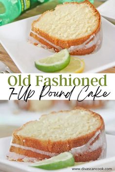 an old fashioned pound cake with limes and icing on it, cut into slices