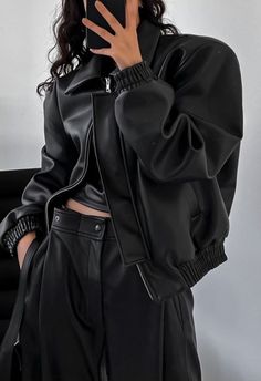 Vegan Leather Shoulder padded two-way zipper bomber jacket, fits XS-L -100% Polyester -Imported Black Leather Jacket Outfit Women, Womens Leather Jacket Outfit, Black Leather Jacket Outfit, Leather Jacket Fashion, Women Leather Jacket, Leather Clothes, Mode Shoes, Leather Jacket Women, Jacket Outfit Women