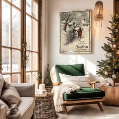 a living room filled with furniture and a christmas tree in front of a large window