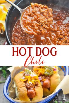 two hot dogs in chili with cheese on top and the words hot dog chili above them