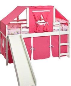 Create your daughter's dream room with our fun loft bed complete with slide! The under-bed area is tented to create a fun play space and a great area to keep toys. The top tent turns the loft bed into a fun fort too! Guard rails at the top keep your child safe throughout the night. Both the under-bed tent and top tent, are included as shown in the first photo. Savannah Loft Bed Details: Loft bed with slide and slat kit Wood Finish: White Fabric tent color: Pink Under-bed tent encourages creative Loft Slide, Kids Bed With Slide, Bunk Bed Safety, Loft Bed With Slide, White Loft Bed, Girls Bunk Beds, Bed Slide, Pink Tent, Bunk Bed With Slide