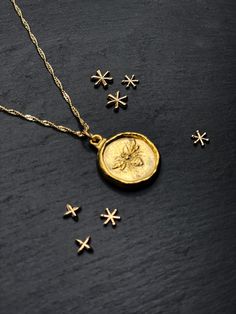 Luxury Elegant Engraved Coin Necklace, Coin Necklace Gold, Medal Jewelry, Minimal Necklace, Bee Pendant, Gold Bee, Earring Sale, Coin Necklace, Leather Pouch