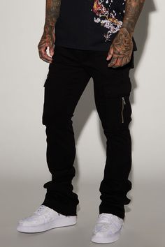 Available In Black. Stacked Skinny Flare Fit Button Closure Zip Fly Side Pockets Back Pockets Cargo Pockets With Zipper Detail Open Hem 98% Cotton 2% Spandex Imported | Mens Affection Stacked Skinny Flare Cargo Pants in Black size 30 by Fashion Nova Fitted Utility Pants With Zip Fly, Fitted Utility Bottoms With Zip Fly, Slim Fit Bottoms With Pockets For Streetwear, Fitted Mid-rise Cargo Jeans For Streetwear, Fitted Urban Cargo Pants With Five Pockets, Black Tapered Leg Bottoms With Zip Fly, Stretch Straight Leg Bottoms With Button Zip Fly, Casual Black Bottoms With Button Zip Fly, Urban Fitted Straight Leg Cargo Pants