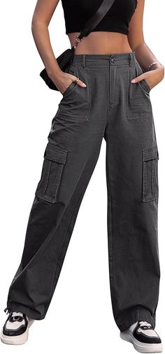 Elastic high waist cargo trousres for women, straight wide leg pants, loose casual combat trousers, bottoms drawstring tie, boyfriend style cargo pants. Cargo Pants Wide Leg, Womens Cargo Trousers, Womens Cargo, High Waisted Cargo Pants, Outdoor Streetwear, Combat Pants, Combat Trousers, Casual Wide Leg Pants, Women Cargos