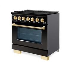 a black stove with gold trim and knobs on the front, against a white background