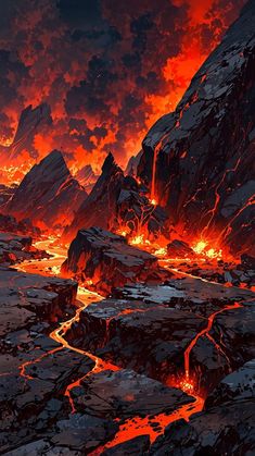 the lava is glowing red and orange as it moves through the sky over rocks, mountains and water