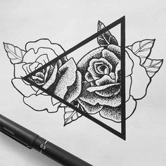 a drawing of a rose and triangle with leaves