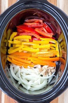 the vegetables are mixed together in the slow cooker to make this pasta dish for dinner