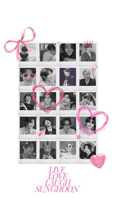 the poster for live love laugh sundown with photos of people in heart - shaped frames