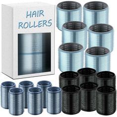 10 rolls of hair rollers in a box with 12 different sizes and colors on each side