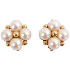 Tailored earrings by Wordley, Alsopp and Bliss of a cluster of four cultured pearls, each about 7.5 mm in size. The center and each corner has a small gold ball. The earrings measure 3/4 inch in diameter and weigh 15 grams. Clip backs can be converted to posts. The earrings are 14 karat gold. Pearl Cluster Earrings, Diamond Cluster Earrings, Pearl Cluster, Keshi Pearls, Pearl Diamond, Cluster Earrings, Diamond Cluster, Cultured Pearls, Vintage Earrings