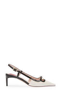 Blocky cutouts and gleaming buckles distinguish this two-tone glossy leather pump fronted by a squared, elongated toe and sealed with a slender slingback strap. 2" (55mm) heel Adjustable slingback strap with buckle closure Leather upper, lining and sole Made in Italy Designer Shoes Luxury Heels With Rectangular Buckle For Evening, Evening Patent Leather Heels With Rectangular Buckle, Elegant Heels With Heel Strap And Rectangular Buckle, Elegant Slingback Pumps With Rectangular Buckle, Elegant Slingback Pumps With Heel Strap And Buckle, Chic Slingback Pumps With Rectangular Buckle, Patent Leather Square Toe Slingback Pumps For Evening, Ivory Pumps, Roger Vivier