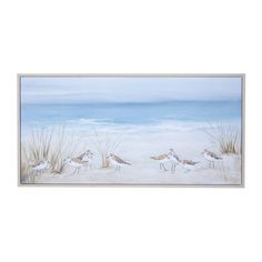 a painting of birds on the beach with sand and grass in front of the water