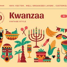 Vintage Kwanzaa Illustration Set Scene Composition, Graphic Design Vintage, Illustration Projects, Holiday Signs, Kwanzaa, Vector Illustration Design, Landing Pages, Winter Holiday, Design Vintage