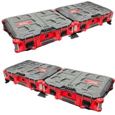 two red and gray tool boxes with wheels on them, one is open and the other has