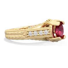 For a truly luxurious look, this ornate, antique styled intense red lab ruby 14K Yellow Gold ring is the perfect choice to catch the eye of everyone in the room. With an intricate design as well as {diamondcarats}, this ring really stands out as a stunning work of art and workmanship with an exquisite sensibility. Luxury Fine Jewelry Rings With Lab-created Ruby, Luxury Yellow Gold Jewelry With Lab-created Ruby, Pink Sapphire Jewelry, Red Lab, Original Engagement Rings, Fire Opals Jewelry, Fire Opal Ring, Pink Sapphire Ring, Ruby Jewelry