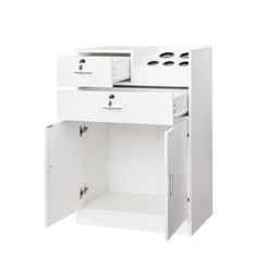 a white cabinet with two drawers and one door open