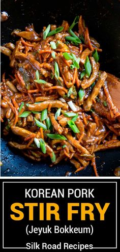 korean pork stir fry in a skillet with text overlay