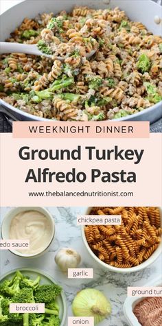 ground turkey alfredo pasta with broccoli and other ingredients