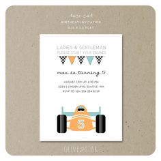 an orange race car birthday party card with the number five on it's front