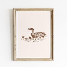 a drawing of a duck and two ducks in the water, framed on a wall