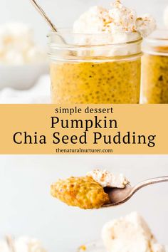 pumpkin chia seed pudding in a mason jar with a spoon full of the pudding