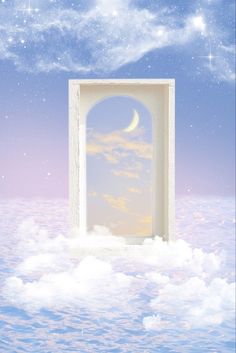 an open door in the sky with clouds and stars above it, leading to a crescent moon