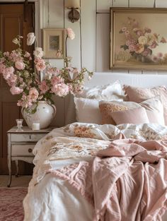 a white bed topped with lots of pillows and pink blankets next to a vase filled with flowers