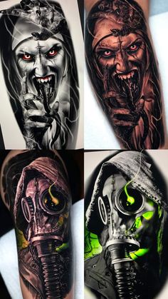 four different images of tattoos on the arm and leg, one with a gas mask