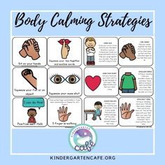 a poster with the words body calming strategy on it and pictures of hands in different colors