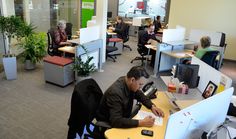 an office filled with people working at desks and on the phone, in front of computers