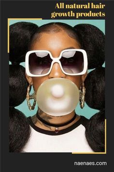 a woman wearing sunglasses with her hair in top buns and an oversized bubble gum