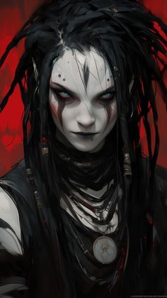 a woman with long black hair and red eyes