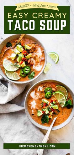 two bowls filled with taco soup on top of a table